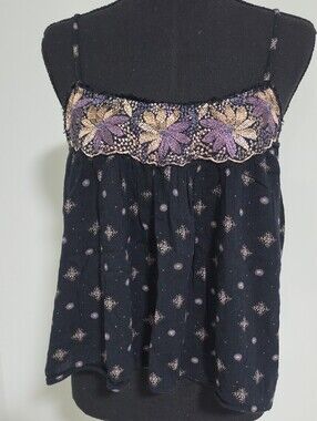 American Eagle Outfitters Black Floral Embroidered Spaghetti Strap Top